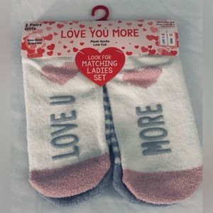 Girl’s 2 Pair plus low cut Socks Love you More graphic cream gray stripes. 6-8